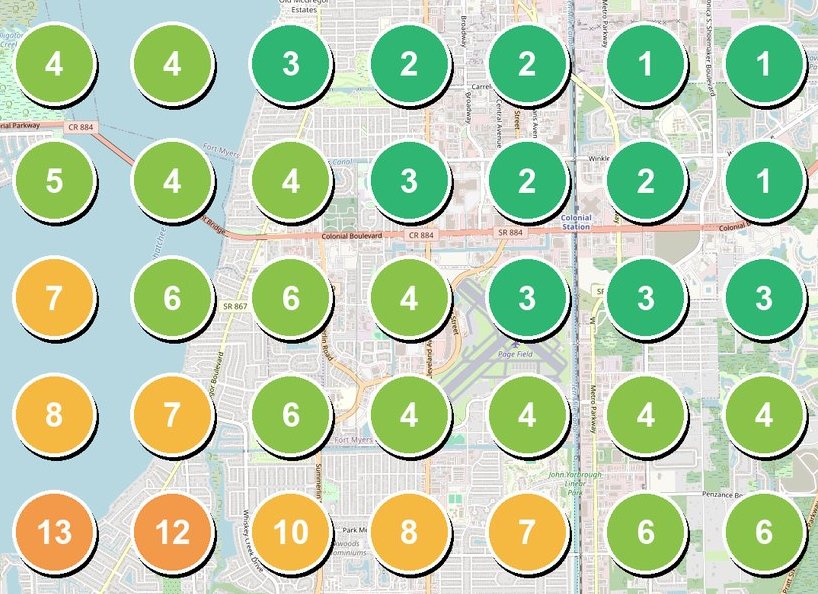 Sample close-up of a keyword ranking heatmap over central Fort Myers. Each dot shows the Google Maps rank at that point, from 1 to 3 around Colonial Boulevard on the east side down to 10 to 13 near the river in the southwest corner.